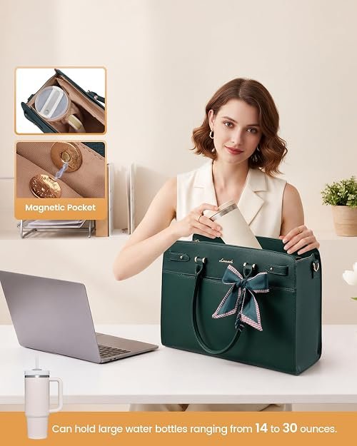 Pure Style Forest Green Faux Leather Laptop Tote Bag with Scarf Accent - Image 3