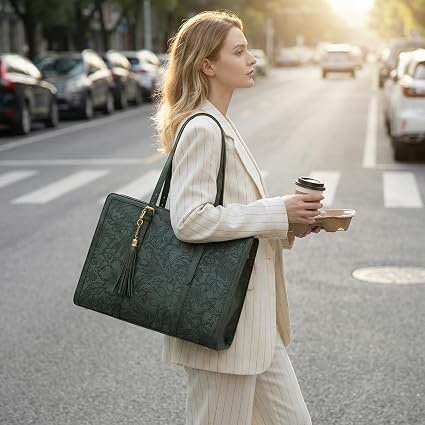 Pure Style Embossed Floral Dark Green Laptop Tote Bag with Matching Cosmetic Pouch - Image 3