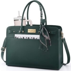 Pure Style Forest Green Faux Leather Laptop Tote Bag with Scarf Accent