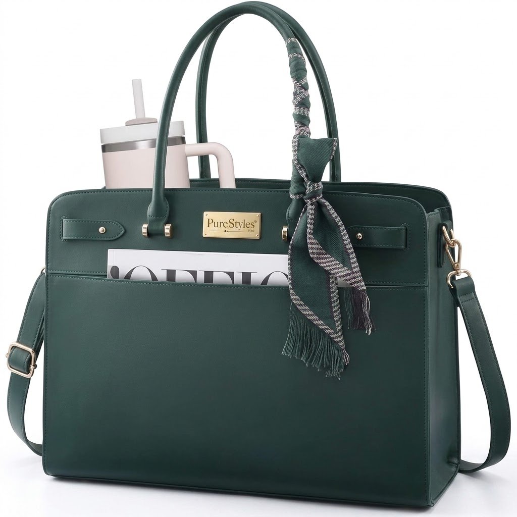 Pure Style Forest Green Faux Leather Laptop Tote Bag with Scarf Accent