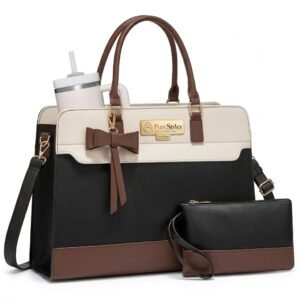 Pure Style Color Block Laptop Tote Bag with Matching Clutch & Bow Charm