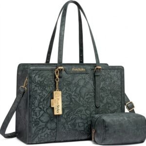 Pure Style Embossed Floral Dark Green Laptop Tote Bag with Matching Cosmetic Pouch
