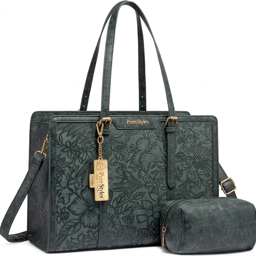 Pure Style Embossed Floral Dark Green Laptop Tote Bag with Matching Cosmetic Pouch